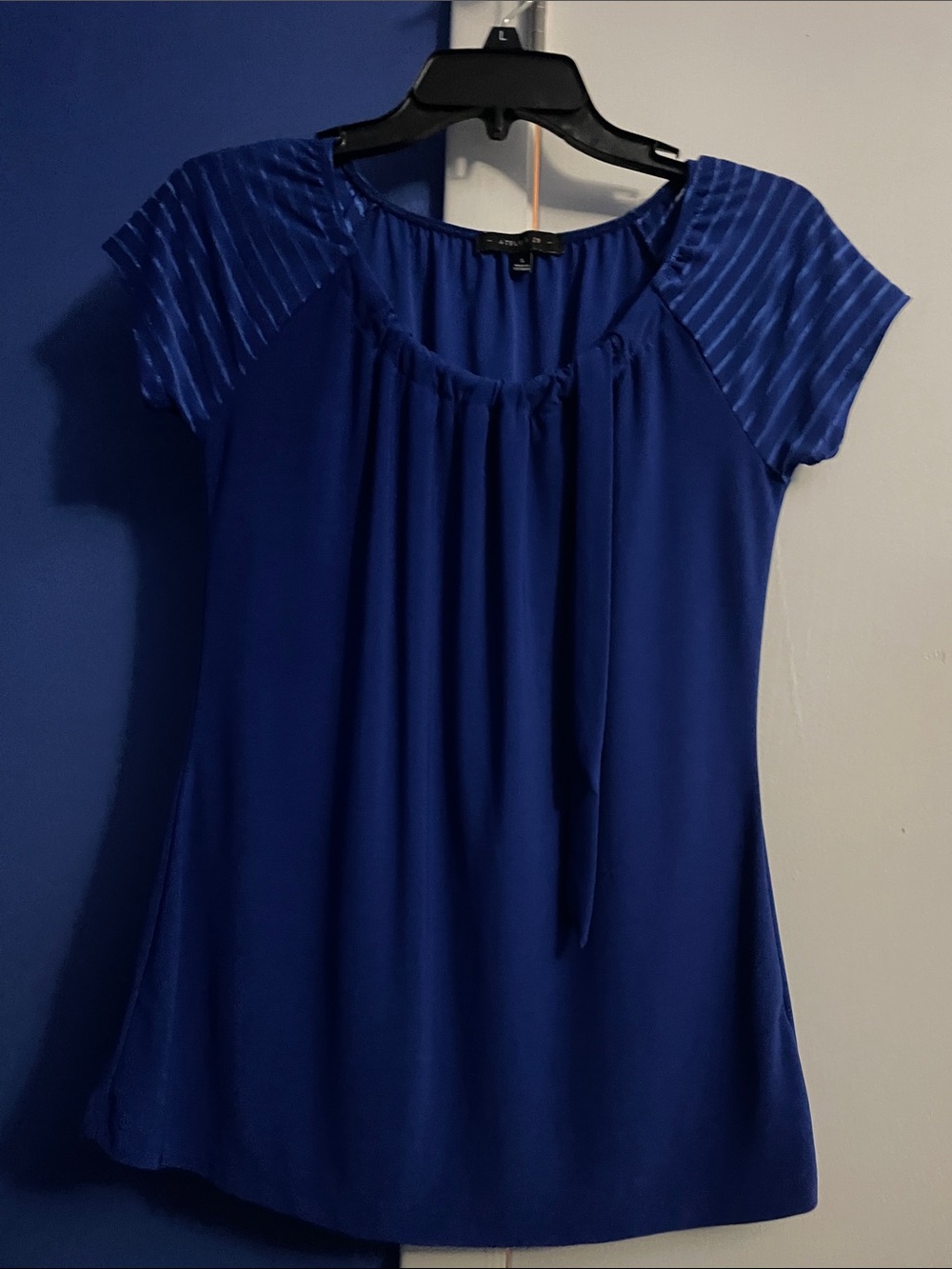 Pleated Sleeve Royal Blue Short-Sleeve Blouse with Front Tie